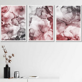 Set of 3 Abstract Floral Fluid in Red and Grey Wall Art Prints / 42x59cm (A2) / White Frame