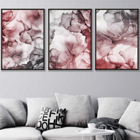 Set of 3 Abstract Floral Fluid in Red and Grey Wall Art Prints / 50x70cm / Black Frame