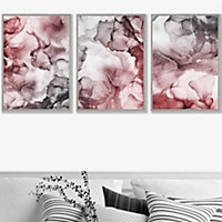 Set of 3 Abstract Floral Fluid in Red and Grey Wall Art Prints / 50x70cm / Light Grey Frame