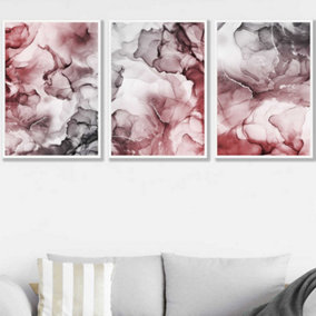 Set of 3 Abstract Floral Fluid in Red and Grey Wall Art Prints / 50x70cm / White Frame