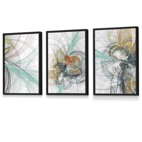 Set of 3 Abstract Green Yellow Grey Mixed Media Fractal Wall Art Prints / 30x42cm (A3) / Black Frame
