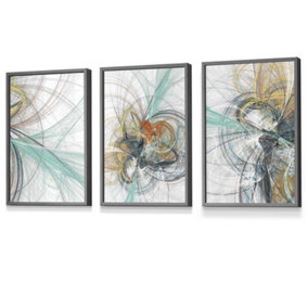 Set of 3 Abstract Green Yellow Grey Mixed Media Fractal Wall Art Prints / 30x42cm (A3) / Dark Grey Frame