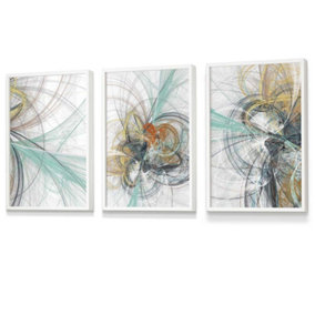 Set of 3 Abstract Green Yellow Grey Mixed Media Fractal Wall Art Prints / 30x42cm (A3) / White Frame