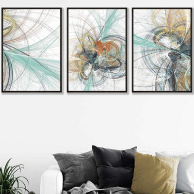 Set of 3 Abstract Green Yellow Grey Mixed Media Fractal Wall Art Prints / 42x59cm (A2) / Black Frame