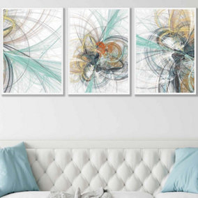 Set of 3 Abstract Green Yellow Grey Mixed Media Fractal Wall Art Prints / 42x59cm (A2) / White Frame