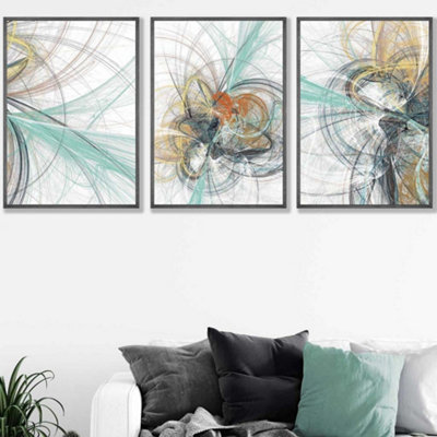 Set of 3 Abstract Green Yellow Grey Mixed Media Fractal Wall Art Prints / 50x70cm / Dark Grey Frame