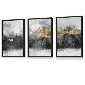 Set of 3 Abstract Grey and Yellow Mountains Wall Art Prints / 30x42cm (A3) / Black Frame