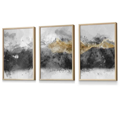 Set of 3 Abstract Grey and Yellow Mountains Wall Art Prints / 30x42cm ...