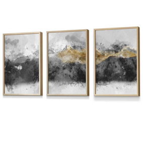 Set of 3 Abstract Grey and Yellow Mountains Wall Art Prints / 30x42cm (A3) / Oak Frame