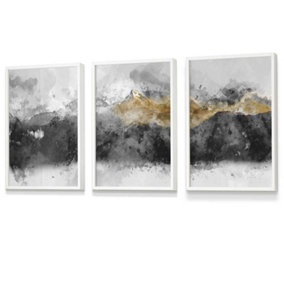 Set of 3 Abstract Grey and Yellow Mountains Wall Art Prints / 30x42cm (A3) / White Frame