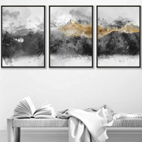 Set of 3 Abstract Grey and Yellow Mountains Wall Art Prints / 42x59cm (A2) / Black Frame