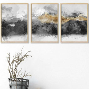 Set of 3 Abstract Grey and Yellow Mountains Wall Art Prints / 42x59cm (A2) / Oak Frame