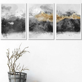 Set of 3 Abstract Grey and Yellow Mountains Wall Art Prints / 42x59cm (A2) / White Frame