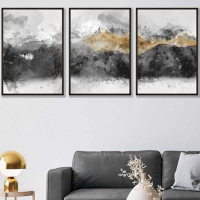 Set of 3 Abstract Grey and Yellow Mountains Wall Art Prints / 50x70cm ...