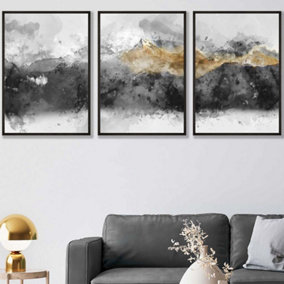 Set of 3 Abstract Grey and Yellow Mountains Wall Art Prints / 50x70cm / Black Frame