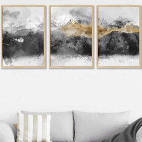 Set of 3 Abstract Grey and Yellow Mountains Wall Art Prints / 50x70cm / Oak Frame
