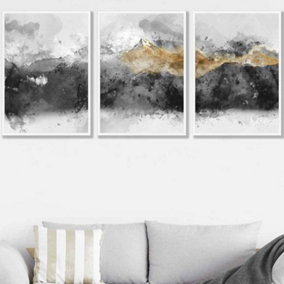 Set of 3 Abstract Grey and Yellow Mountains Wall Art Prints / 50x70cm / White Frame