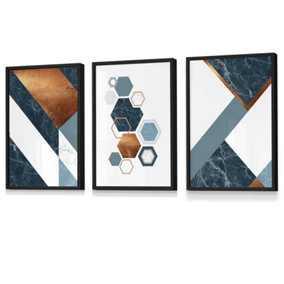 Set of 3 Abstract Mid Century Teal Orange Geometric Wall Art Prints / 30x42cm (A3) / Black Frame