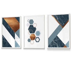 Set of 3 Abstract Mid Century Teal Orange Geometric Wall Art Prints / 30x42cm (A3) / White Frame