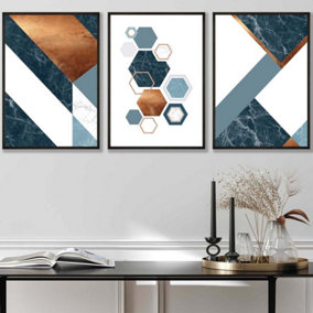 Set of 3 Abstract Mid Century Teal Orange Geometric Wall Art Prints / 42x59cm (A2) / Black Frame