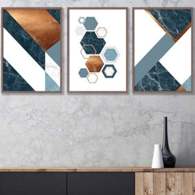 Set of 3 Abstract Mid Century Teal Orange Geometric Wall Art Prints / 42x59cm (A2) / Walnut Frame
