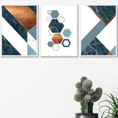 Set of 3 Abstract Mid Century Teal Orange Geometric Wall Art Prints / 42x59cm (A2) / White Frame