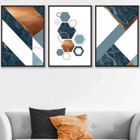 Set of 3 Abstract Mid Century Teal Orange Geometric Wall Art Prints / 50x70cm / Black Frame