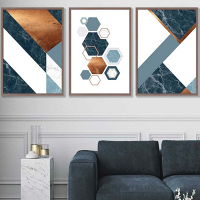Set of 3 Abstract Mid Century Teal Orange Geometric Wall Art Prints