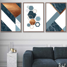Set of 3 Abstract Mid Century Teal Orange Geometric Wall Art Prints / 50x70cm / Walnut Frame