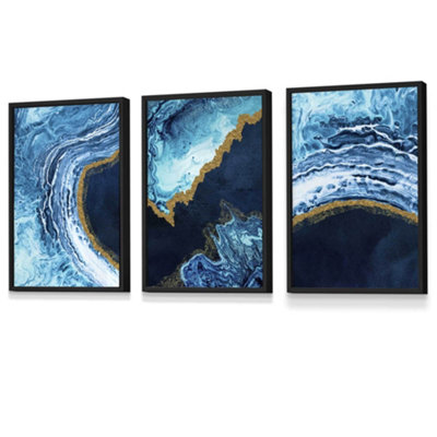 Set of 3 Abstract Navy, Blue and Gold Oceans Wall Art Prints / 30x42cm