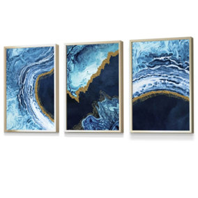 Set of 3 Abstract Navy, Blue and Gold Oceans Wall Art Prints / 30x42cm (A3) / Gold Frame