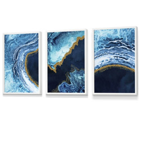 Set of 3 Abstract Navy, Blue and Gold Oceans Wall Art Prints / 30x42cm (A3) / White Frame