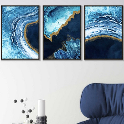 Set of 3 Abstract Navy, Blue and Gold Oceans Wall Art Prints / 42x59cm ...