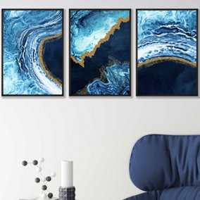 Set of 3 Abstract Navy, Blue and Gold Oceans Wall Art Prints / 42x59cm (A2) / Black Frame