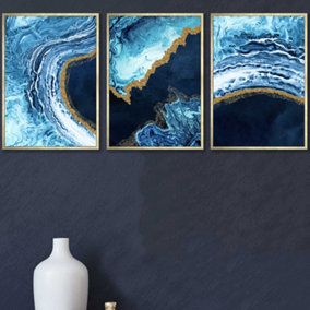 Set of 3 Abstract Navy, Blue and Gold Oceans Wall Art Prints / 42x59cm (A2) / Gold Frame
