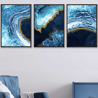 Set of 3 Abstract Navy, Blue and Gold Oceans Wall Art Prints / 50x70cm ...