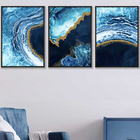 Set of 3 Abstract Navy, Blue and Gold Oceans Wall Art Prints / 50x70cm / Black Frame