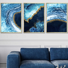 Set of 3 Abstract Navy, Blue and Gold Oceans Wall Art Prints / 50x70cm / Gold Frame