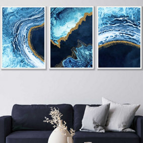 Set of 3 Abstract Navy, Blue and Gold Oceans Wall Art Prints / 50x70cm / White Frame