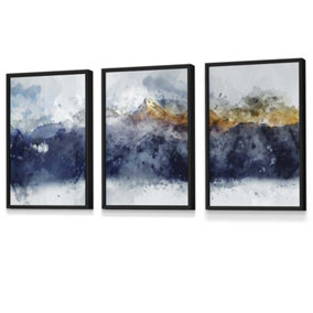 Set of 3 Abstract Navy Blue and Yellow Mountains Wall Art Prints / 30x42cm (A3) / Black Frame