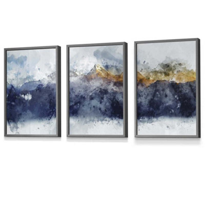 Set of 3 Abstract Navy Blue and Yellow Mountains Wall Art Prints ...