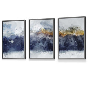 Set of 3 Abstract Navy Blue and Yellow Mountains Wall Art Prints / 30x42cm (A3) / Dark Grey Frame