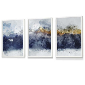 Set of 3 Abstract Navy Blue and Yellow Mountains Wall Art Prints / 30x42cm (A3) / White Frame