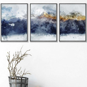 Set of 3 Abstract Navy Blue and Yellow Mountains Wall Art Prints / 42x59cm (A2) / Dark Grey Frame