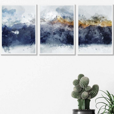 Set of 3 Abstract Navy Blue and Yellow Mountains Wall Art Prints / 42x59cm (A2) / White Frame