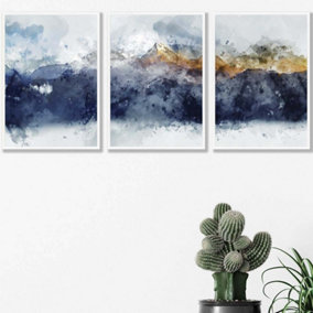 Set of 3 Abstract Navy Blue and Yellow Mountains Wall Art Prints / 42x59cm (A2) / White Frame