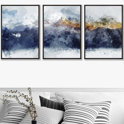 Set of 3 Abstract Navy Blue and Yellow Mountains Wall Art Prints / 50x70cm / Black Frame