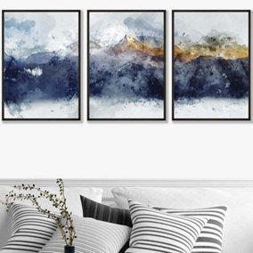 Set of 3 Abstract Navy Blue and Yellow Mountains Wall Art Prints / 50x70cm / Black Frame