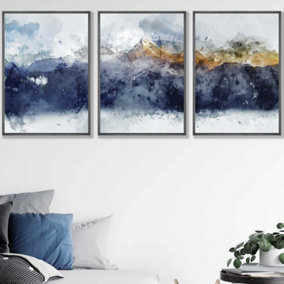 Set of 3 Abstract Navy Blue and Yellow Mountains Wall Art Prints / 50x70cm / Dark Grey Frame