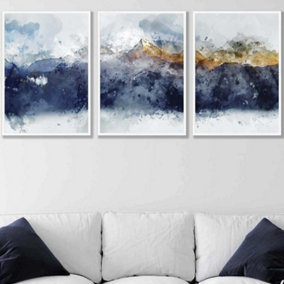 Set of 3 Abstract Navy Blue and Yellow Mountains Wall Art Prints / 50x70cm / White Frame